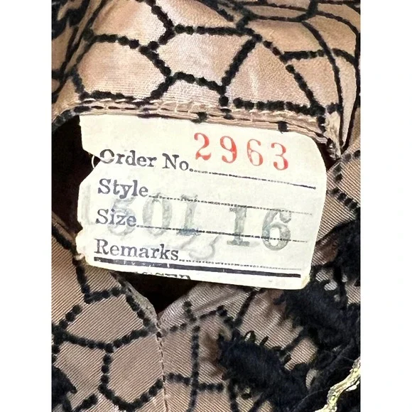 1940/50 Champaign Taffetta Cocktail Dress, Flocked W/ Velvet/Glitter Lace Trim S - Picture 7 of 12